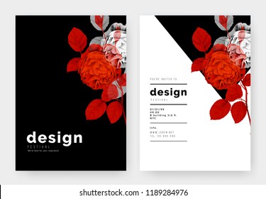 Minimalist botanical invitation card template design, roses in vibrant red and white on black