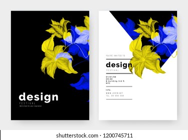 Minimalist botanical invitation card template design, clematis flowers in vibrant yellow and blue on black