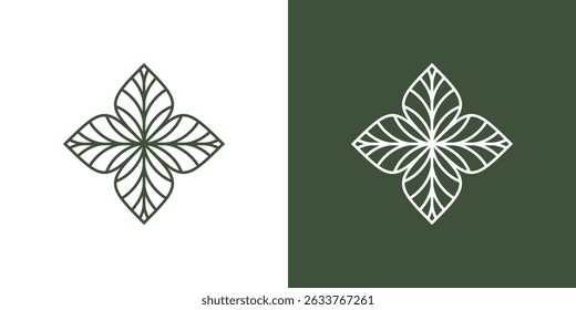 Minimalist botanical leaf logo design in symmetrical floral pattern
