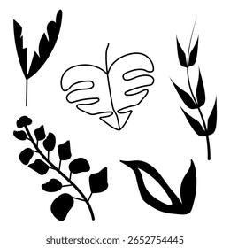 Minimalist Botanical Leaf Silhouettes Vector Set for Nature-Themed Designs, Eco-Friendly Branding, Modern Wall Art, Organic Packaging, Botanical Stationery, Web Graphics, and Textile Patterns
