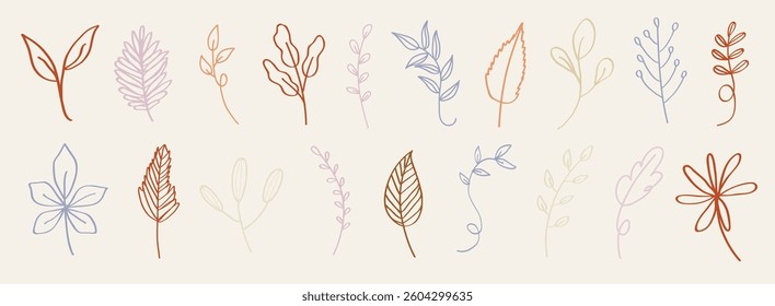 Minimalist botanical line art featuring various leaves and plants. Simple, elegant designs with leaves and plants in soft, earthy tones. Botanical art for decor. Line art vector set.