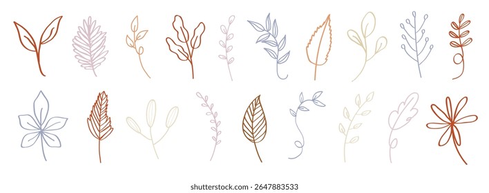 Minimalist botanical line art with various leaf designs. Simple leaf illustrations in a minimalist style. Botanical line art showcasing diverse leaf shapes. Line art vector set.