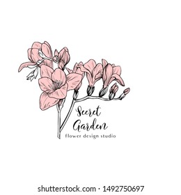 minimalist botanical logo with a hand drawn fresia branch; black and white graphic with pastel pale pink; elegant, stylish template for flower shop; also multi purpose identity or decorative element