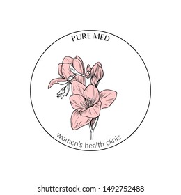 minimalist botanical logo with a hand drawn fresia branch; black and white graphic with pastel pale pink; elegant, stylish template for flower shop; also multi purpose identity or decorative element