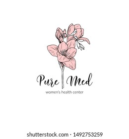 minimalist botanical logo with a hand drawn fresia branch; black and white graphic with pastel pale pink; elegant, stylish template for flower shop; also multi purpose identity or decorative element