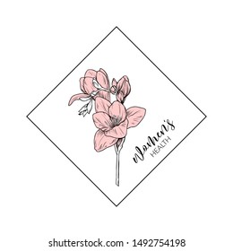 minimalist botanical logo with a hand drawn fresia branch; black and white graphic with pastel pale pink; elegant, stylish template for women's health clinic; also multi purpose decorative element