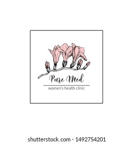 minimalist botanical logo with a hand drawn fresia branch; black and white graphic with pastel pale pink; elegant, stylish template for women's health clinic; also multi purpose decorative element