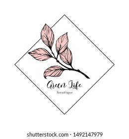 Minimalist Botanical Logo Template With A Hand Drawn Plant Branch; Elegant, Romantic, Stylish; Multi Purpose Identity Or Decorative Element For Beauty Salon, Fashion Boutique, Organic Shop, Vegan Cafe