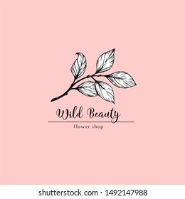 minimalist botanical logo template with a hand drawn plant branch; elegant, romantic, stylish; multi purpose identity or decorative element for beauty salon, fashion boutique, organic shop, vegan cafe
