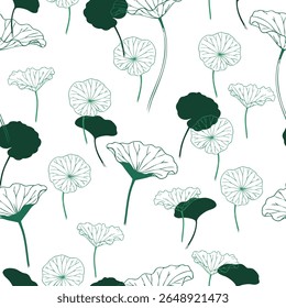 Minimalist Botanical Lotus Leaf Seamless Pattern – Line Art and Solid Silhouettes