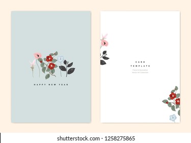 Minimalist botanical new year greeting card template design, Curcuma alismatifolia, poppy, Nemophila and red Japanese camellia flowers on light blue, vintage style