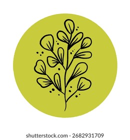 Minimalist botanical outline in circular frame. Organic plant branch icon on green background. Hand drawn doodle leaf icon