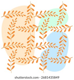 Minimalist botanical pattern with orange leaves and branches over soft pastel abstract shapes. Modern and fresh vector background