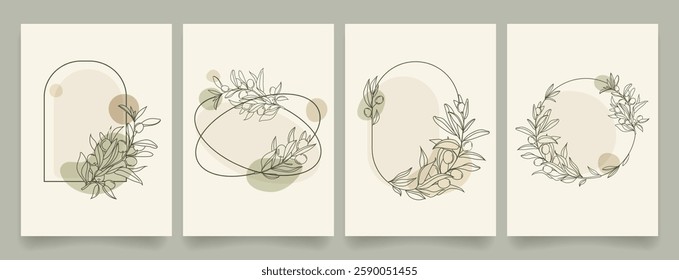 Minimalist botanical posters with hand drawn olive branches and geometric shapes frames in abstract style Soft earthy tones. Modern natural aesthetic wall art, cover, invitations and branding. Vector 