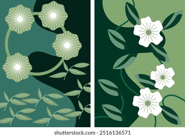 minimalist botanical prints in a green color palette The left print showcases stylized sun like flowers arranged around a circular element with leaves and abstract shapes completing the composition