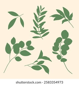 Minimalist Botanical Silhouette Set, A collection of elegant botanical silhouettes featuring various green leaves. Perfect for branding, packaging, wedding invitations, digital prints, textile design