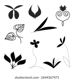 Minimalist botanical silhouette vector set with abstract leaves and floral elements, ideal for eco branding,
 nature-themed illustrations, tattoos, textiles, packaging, digital design, wall art