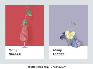 Minimalist botanical thank you card template design,sleeping hibiscus and pansies