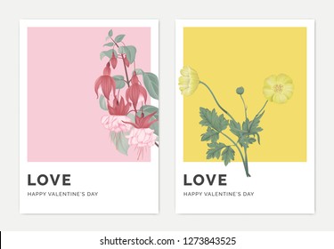 Minimalist botanical valentine greeting card template design, Fuchsia icy pink flowers on pink and creeping buttercup flowers on yellow