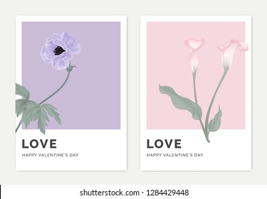 Minimalist botanical valentine greeting card template design, anemone flower on purple and calla lily flowers on pink