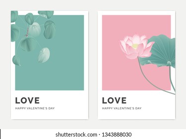 Minimalist botanical valentine greeting card template design, Pilea peperomioides plant on green and lotus on pink