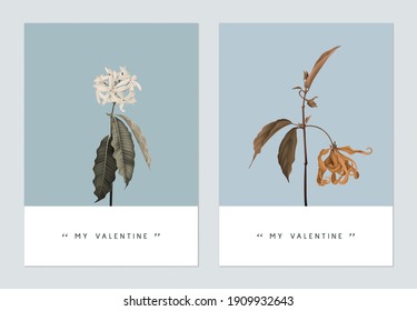 Minimalist botanical valentine greeting card template design, Medicinal Kopsia and Cananga odorata
