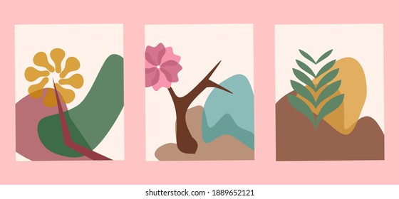 Minimalist botanical wall art featuring abstract plants and flowers. Using soft pastel colors. Contemporary art design that gives a calming and aesthetic impression to the interior space.