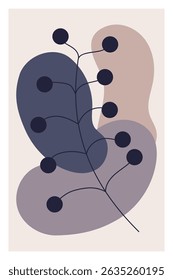 Minimalist botanical wall art featuring abstract organic shapes and a dark leafy branch with berries, in muted purple and beige tones. Perfect for modern home decor.