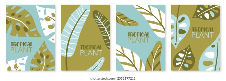 Minimalist botanical wall art vector set. Creative foliage art drawing with watercolor illustration. Abstract Plant design for wall framed prints, canvas prints, poster, home decor, cover, wallpaper.