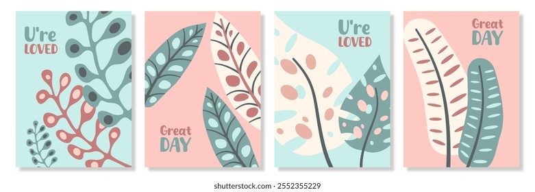 Minimalist botanical wall art vector set. Foliage drawing with leaves illustration, pastel background. Abstract Plant design for wall framed prints, canvas prints, poster, home decor, cover, wallpaper