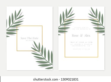 Minimalist botanical wedding card template design, paper palm leaves with golden frame on white