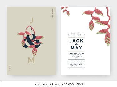 Minimalist botanical wedding invitation card template design, Heliconia rostrata flowers with lettering on brown, pastel vintage theme