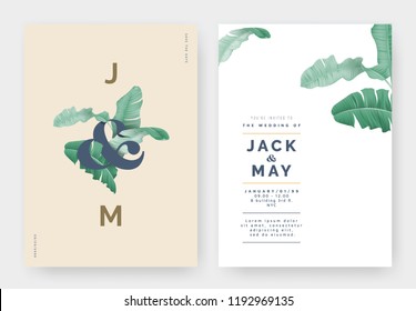 Minimalist botanical wedding invitation card template design, banana leaves with lettering on light brown, pastel vintage theme