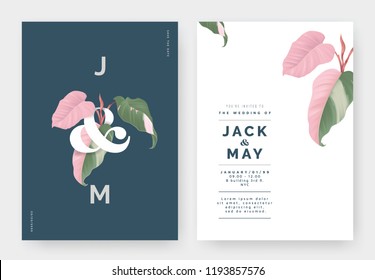 Minimalist botanical wedding invitation card template design, Philodendron pink princess plant with lettering on dark blue, pastel vintage theme