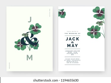 Minimalist botanical wedding invitation card template design, Oxalis tetraphylla or lucky clover with lettering on light green, pastel vintage theme