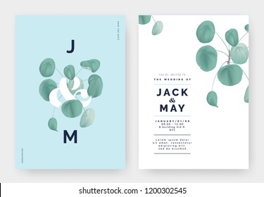 Minimalist botanical wedding invitation card template design, Pilea peperomioides plant with lettering on blue, pastel vintage theme