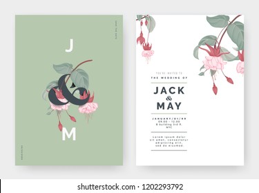 Minimalist botanical wedding invitation card template design, Fuchsia icy pink flowers with lettering on green, pastel vintage theme