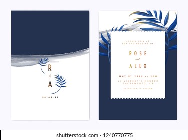 Minimalist botanical wedding invitation card template design, blue bamboo palm leaves on dark blue, watercolor painting