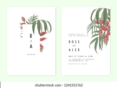 Minimalist botanical wedding invitation card template design, green bamboo palm leaves and Heliconia rostrata flowers on white