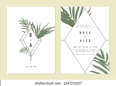 Minimalist Botanical Wedding Invitation Card Template Design, Green Bamboo Palm Leaves And Diamond Frame On White