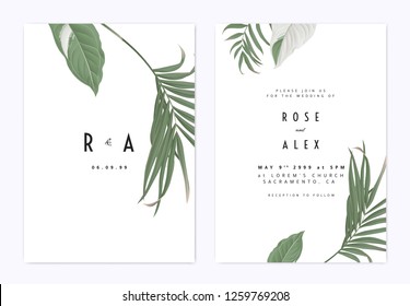 Minimalist Botanical Wedding Invitation Card Template Design, Green Bamboo Palm Leaves And Syngonium Podophyllum Albo-variegatum Plant On White