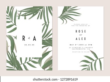 Minimalist botanical wedding invitation card template design, green bamboo palm leaves pattern on white