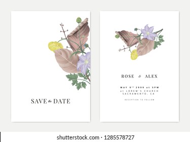 Minimalist botanical wedding invitation card template design, creeping buttercup, clematis flowers and dried leaves on white