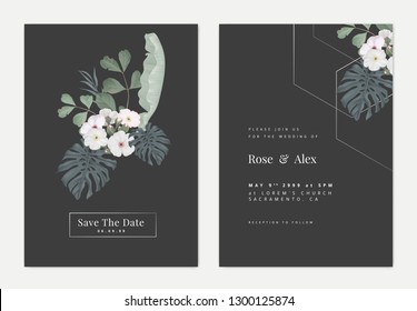 Minimalist botanical wedding invitation card template design, Woolly rock jasmine flowers and various leaves on dark grey