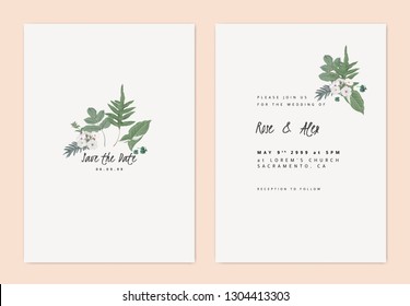 Minimalist botanical wedding invitation card template design, Woolly rock jasmine flowers and various leaves on light grey