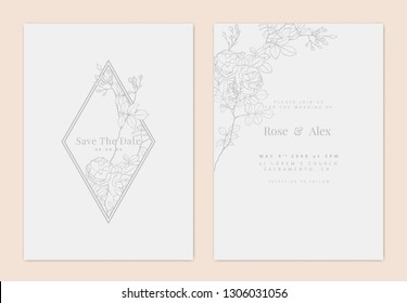 Minimalist botanical wedding invitation card template design, grey climbing rose line art ink drawing on light grey