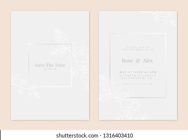 Minimalist botanical wedding invitation card template design, white bower vine line art ink drawing on light grey