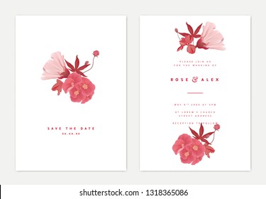 Minimalist botanical wedding invitation card template design, bouquet of flowers and leaves in red tones on white background