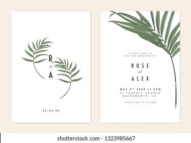 Minimalist botanical wedding invitation card template design, couple of green bamboo palm leaves on white