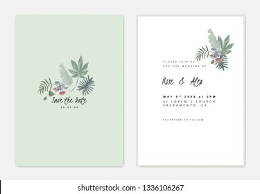 Minimalist botanical wedding invitation card template design, Eucalyptus rhodantha flowers and various leaves on light green